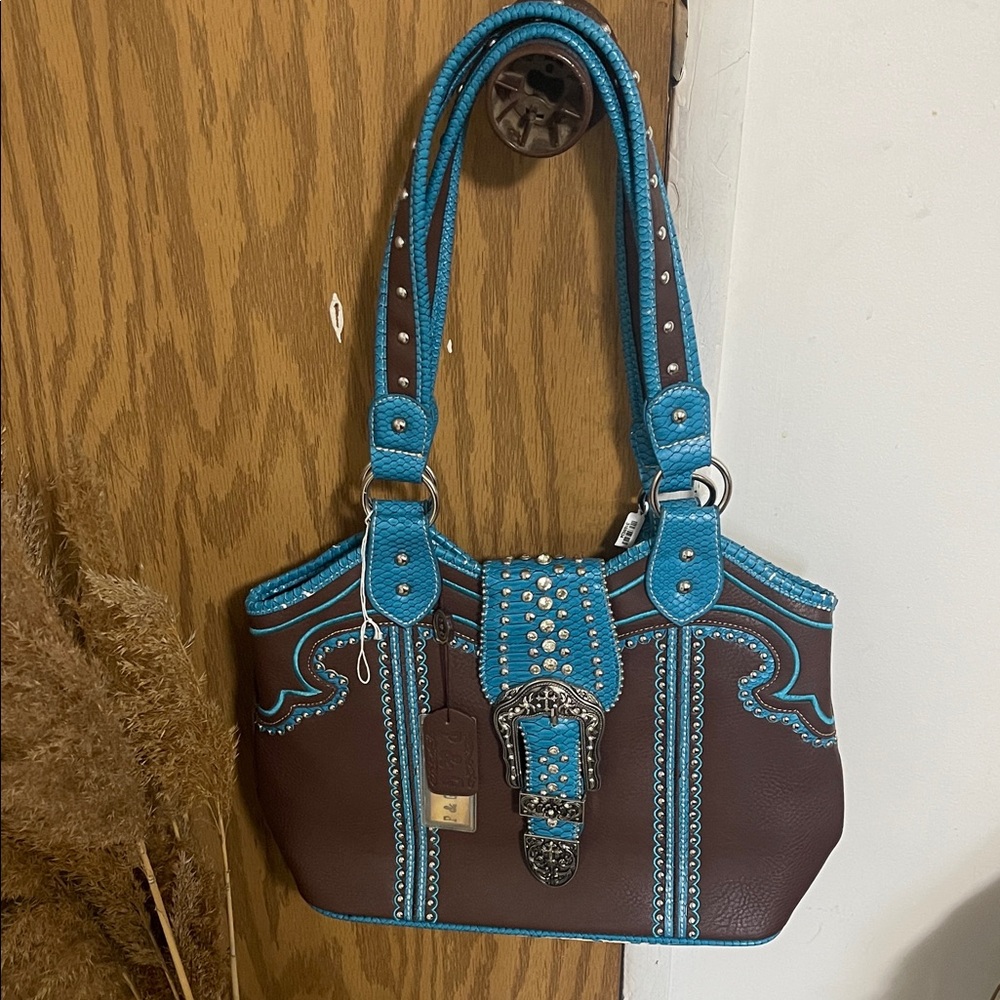 Brown and Blue Studded Women's Handbag
